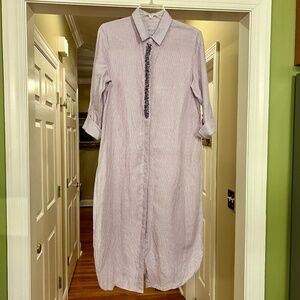 Chico's Jeweled Linen Blend Purple White Stripe Long Tunic Top Size 1 or 8/10